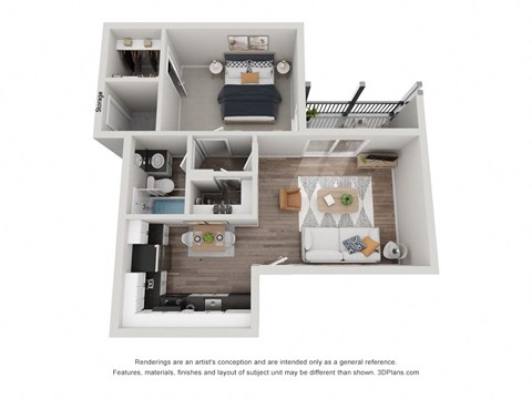 a stylized floor plan with a bedroom and a living room